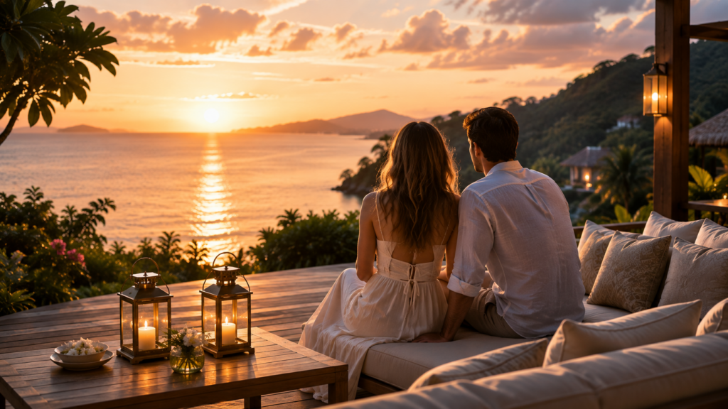 Coppia in viaggio su misura al tramonto in un resort tropicale